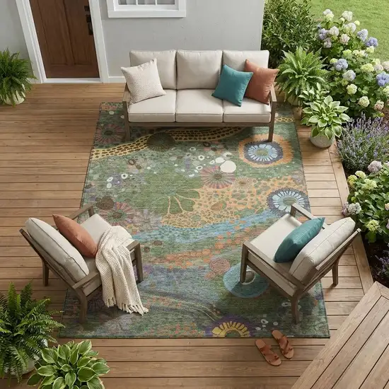 Green And Olive Green Floral Washable Indoor Outdoor Area Rug Photo 1