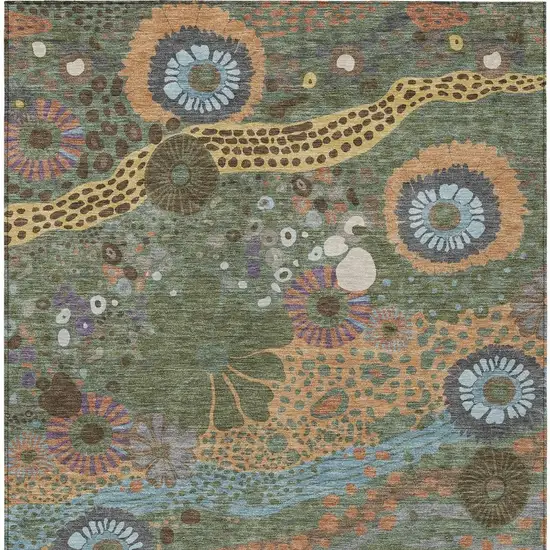 Green And Olive Green Floral Washable Indoor Outdoor Area Rug Photo 4