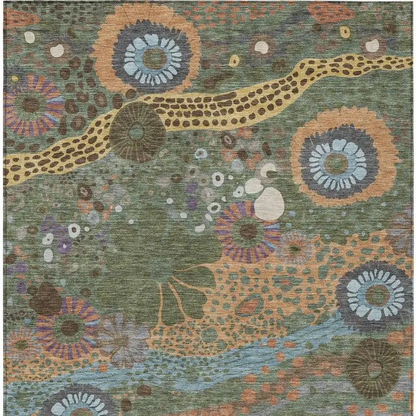 Green And Olive Green Floral Washable Indoor Outdoor Area Rug Photo 4