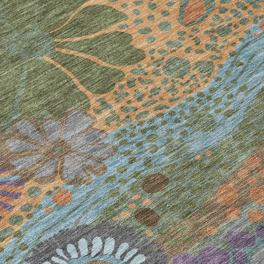 Green And Olive Green Floral Washable Indoor Outdoor Area Rug Photo 6