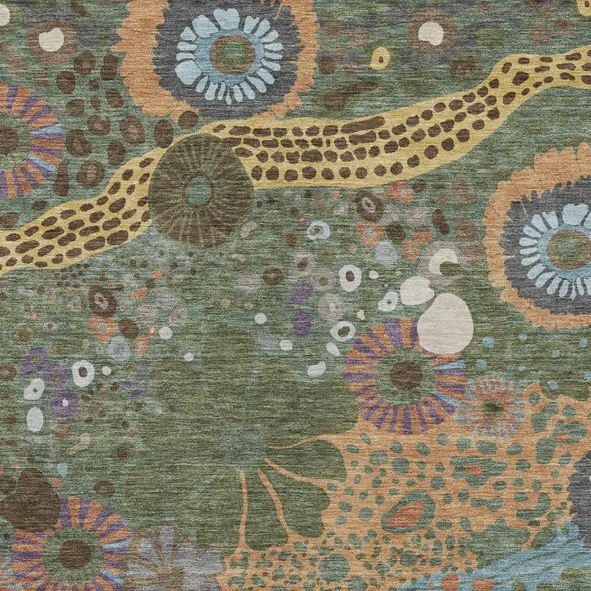 Green And Olive Green Floral Washable Indoor Outdoor Area Rug Photo 3