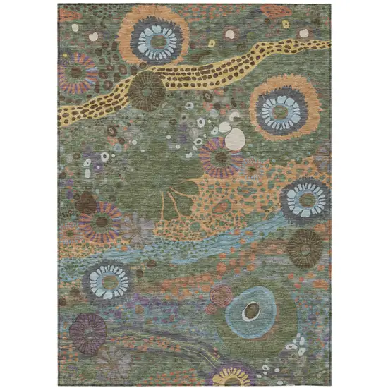 Green And Olive Green Floral Washable Indoor Outdoor Area Rug Photo 2