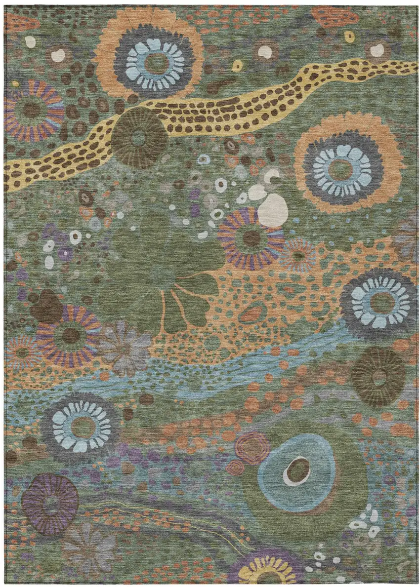 Green And Olive Green Floral Washable Indoor Outdoor Area Rug Photo 2