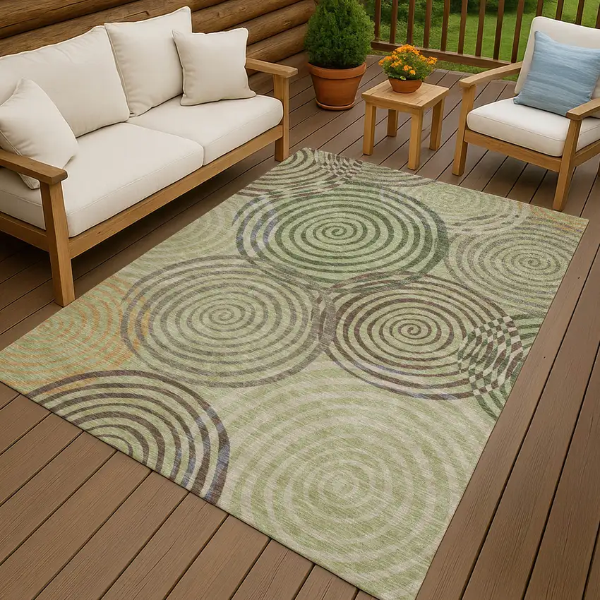 Green And Olive Green Geometric Washable Indoor Outdoor Area Rug Photo 4