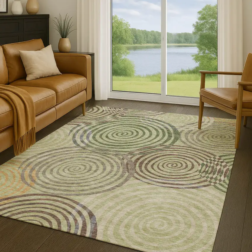 Green And Olive Green Geometric Washable Indoor Outdoor Area Rug Photo 5