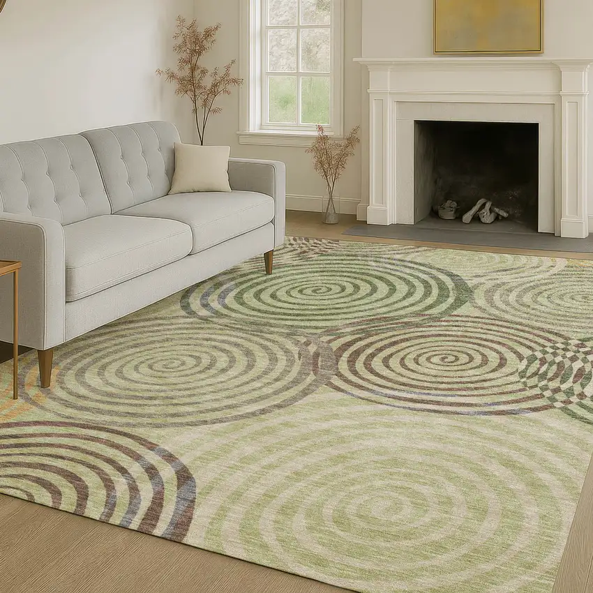 Green And Olive Green Geometric Washable Indoor Outdoor Area Rug Photo 6