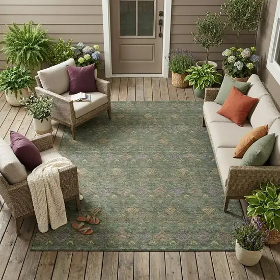 Green And Olive Green Geometric Washable Indoor Outdoor Area Rug Photo 1
