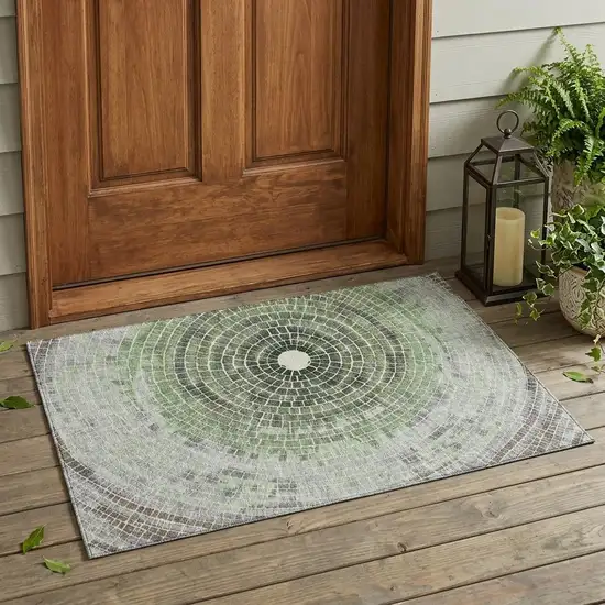 Green And Olive Green Geometric Washable Indoor Outdoor Area Rug Photo 1