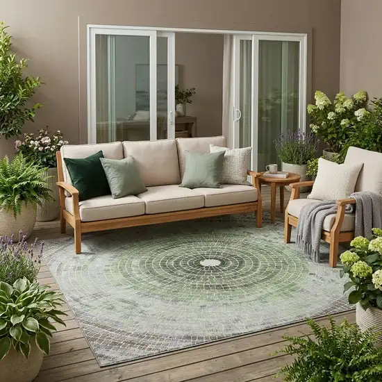 Green And Olive Green Geometric Washable Indoor Outdoor Area Rug Photo 1