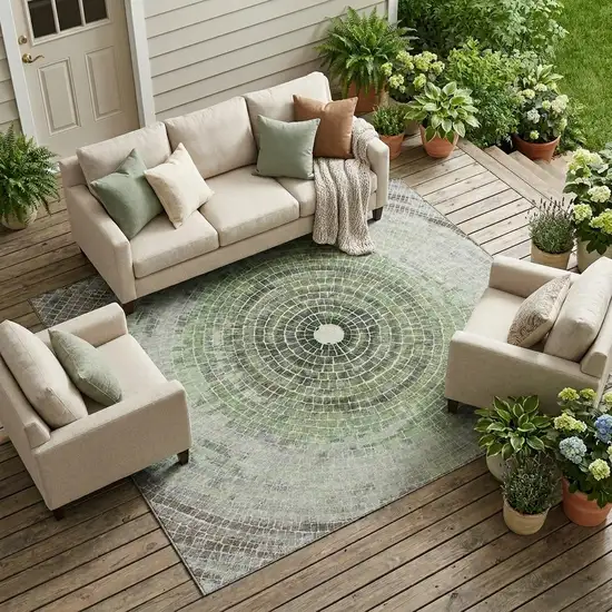 Green And Olive Green Geometric Washable Indoor Outdoor Area Rug Photo 1