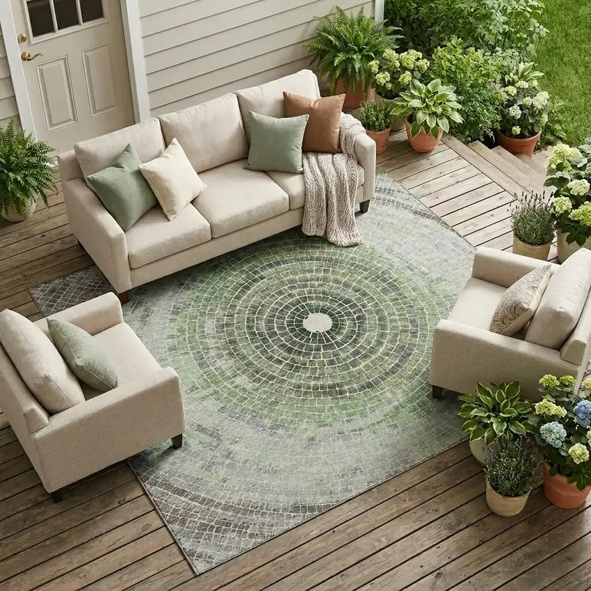 Green And Olive Green Geometric Washable Indoor Outdoor Area Rug Photo 1