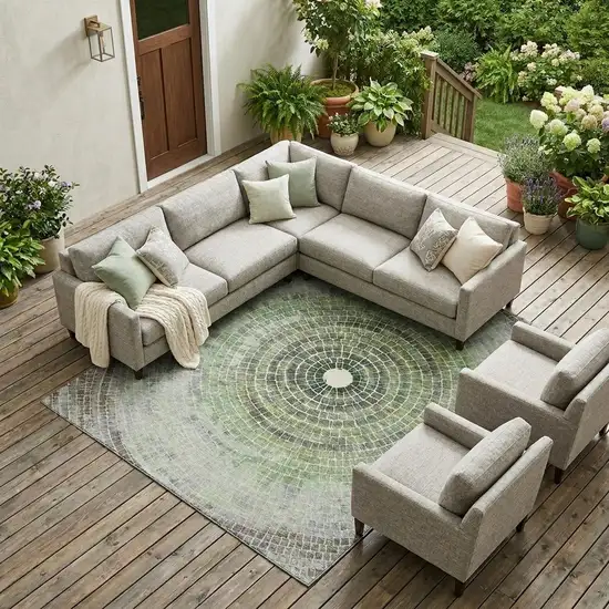Green And Olive Green Geometric Washable Indoor Outdoor Area Rug Photo 1