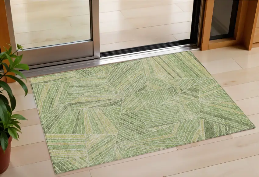 Green And Olive Green Geometric Washable Indoor Outdoor Area Rug Photo 1