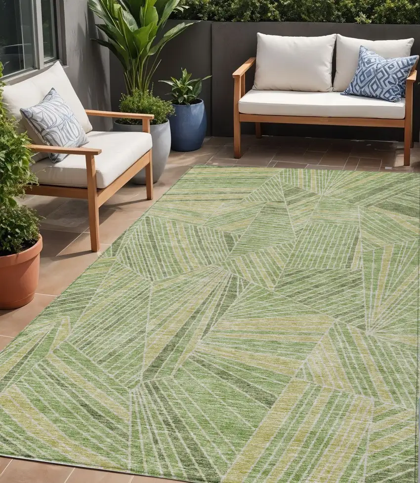 Green And Olive Green Geometric Washable Indoor Outdoor Area Rug Photo 1