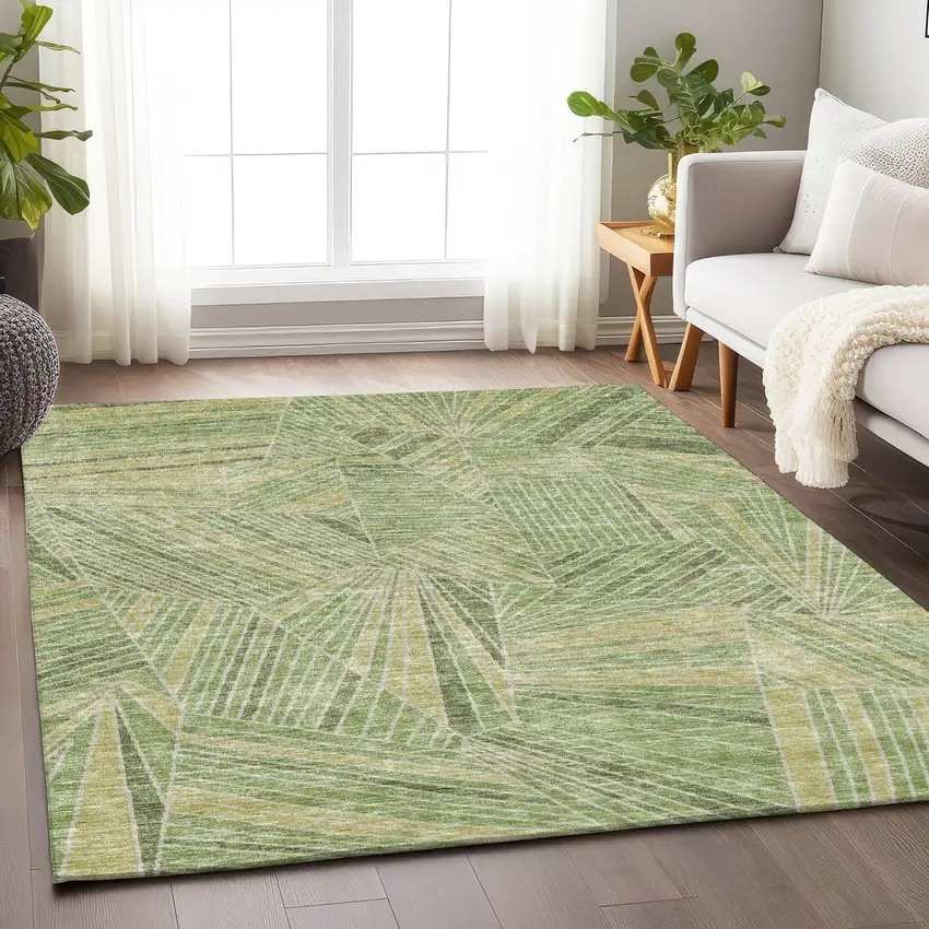 Green And Olive Green Geometric Washable Indoor Outdoor Area Rug Photo 9
