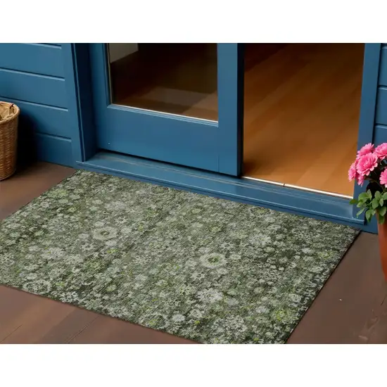 Green And Olive Green Oriental Washable Indoor Outdoor Area Rug Photo 1