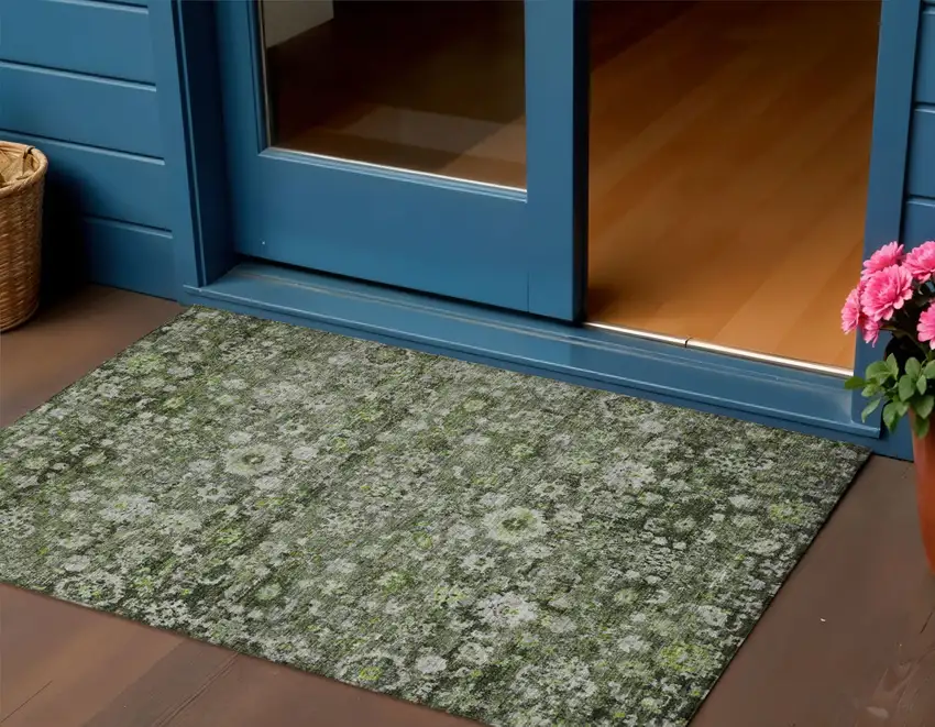 Green And Olive Green Oriental Washable Indoor Outdoor Area Rug Photo 1