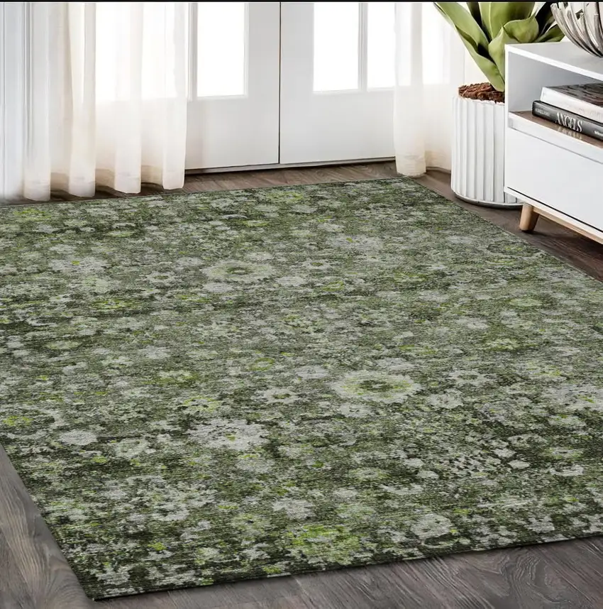 Green And Olive Green Oriental Washable Indoor Outdoor Area Rug Photo 7