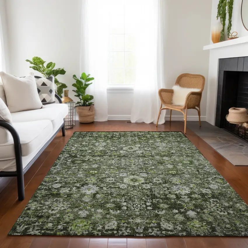 Green And Olive Green Oriental Washable Indoor Outdoor Area Rug Photo 9