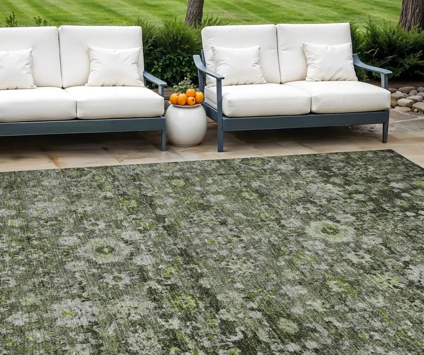 Green And Olive Green Oriental Washable Indoor Outdoor Area Rug Photo 1