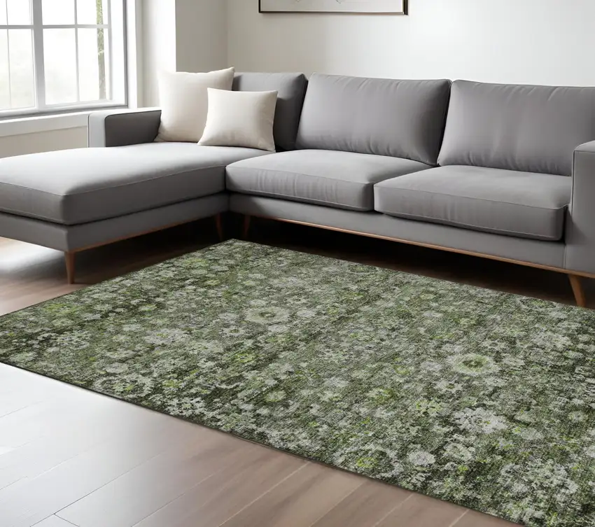 Green And Olive Green Oriental Washable Indoor Outdoor Area Rug Photo 9