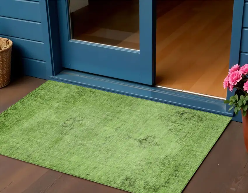 Green And Olive Green Oriental Washable Indoor Outdoor Area Rug Photo 1