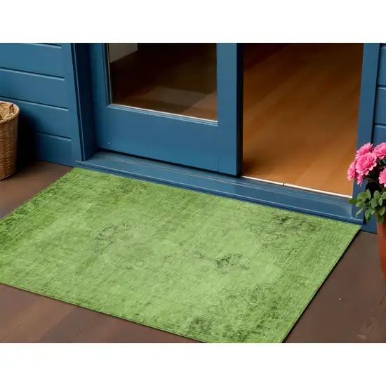 Green And Olive Green Oriental Washable Indoor Outdoor Area Rug Photo 1