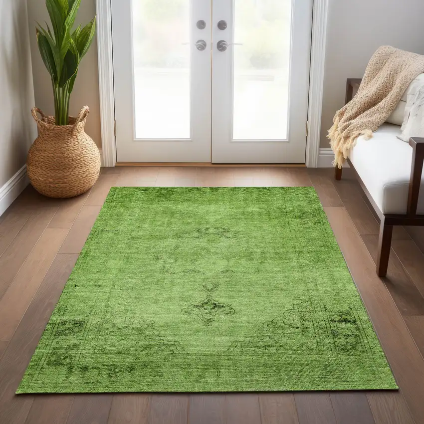 Green And Olive Green Oriental Washable Indoor Outdoor Area Rug Photo 9