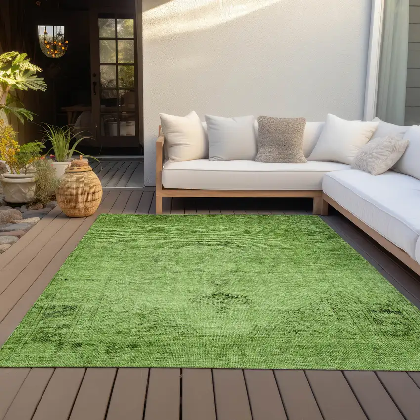 Green And Olive Green Oriental Washable Indoor Outdoor Area Rug Photo 7