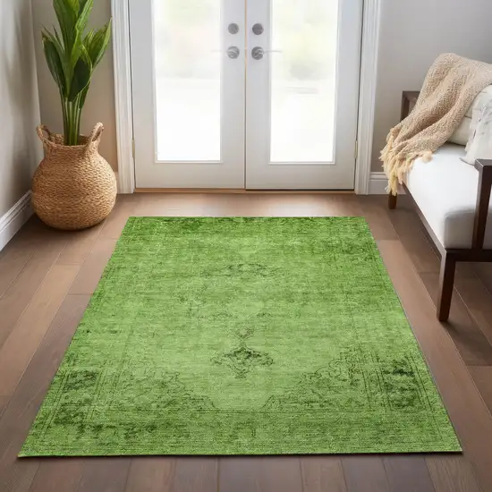 Green And Olive Green Oriental Washable Indoor Outdoor Area Rug Photo 9