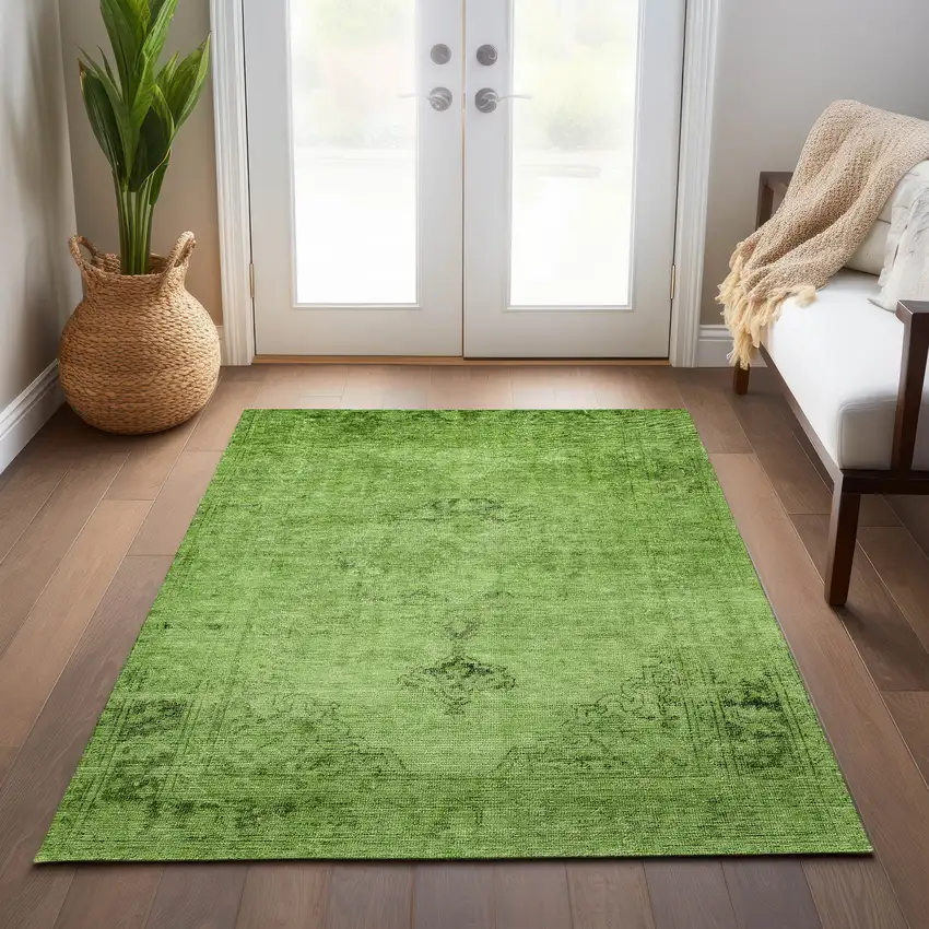 Green And Olive Green Oriental Washable Indoor Outdoor Area Rug Photo 9