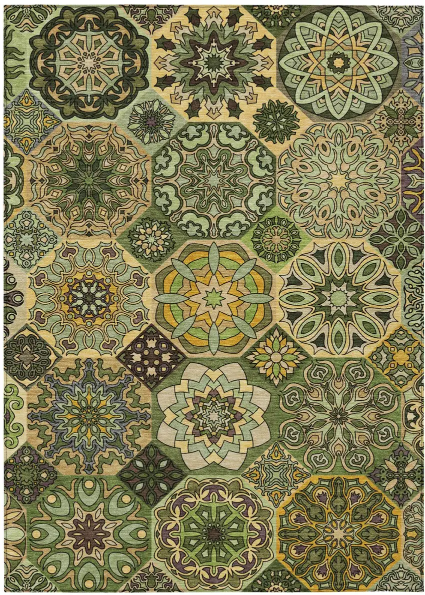 Green And Olive Green Patchwork Washable Indoor Outdoor Area Rug Photo 2