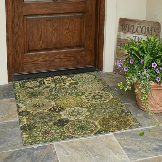 Green And Olive Green Patchwork Washable Indoor Outdoor Area Rug Photo 1