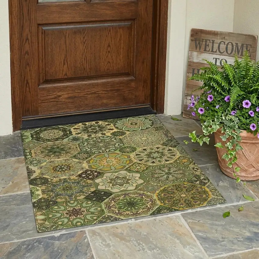 Green And Olive Green Patchwork Washable Indoor Outdoor Area Rug Photo 1