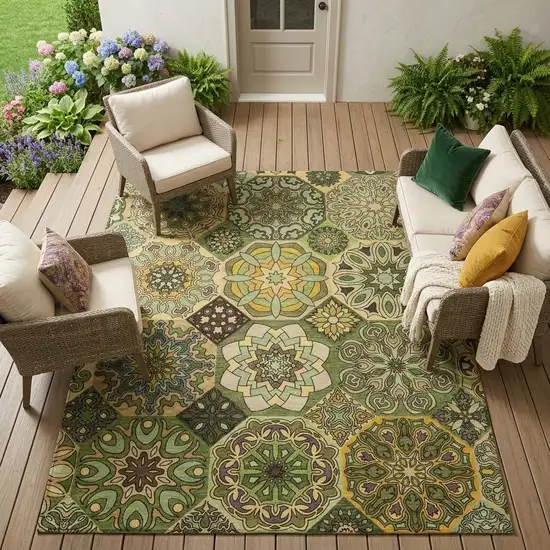 Green And Olive Green Patchwork Washable Indoor Outdoor Area Rug Photo 1