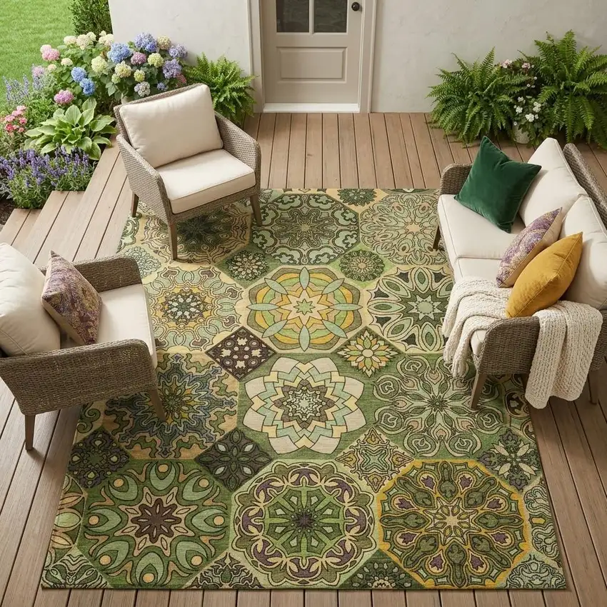 Green And Olive Green Patchwork Washable Indoor Outdoor Area Rug Photo 1