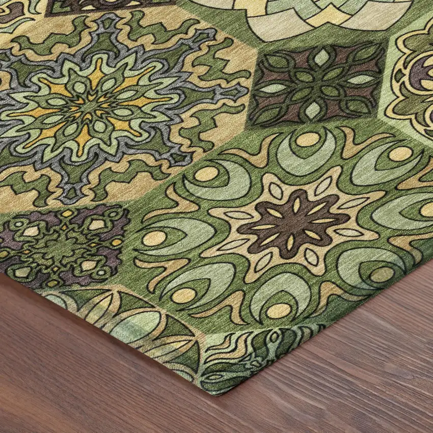 Green And Olive Green Patchwork Washable Indoor Outdoor Area Rug Photo 5