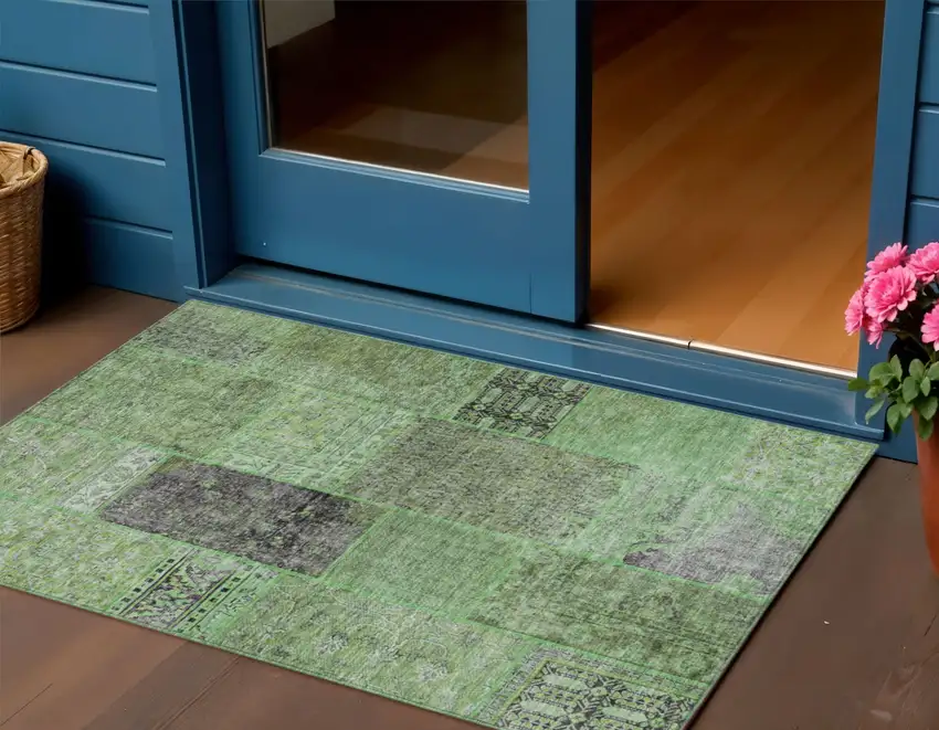 Green And Olive Green Patchwork Washable Indoor Outdoor Area Rug Photo 1