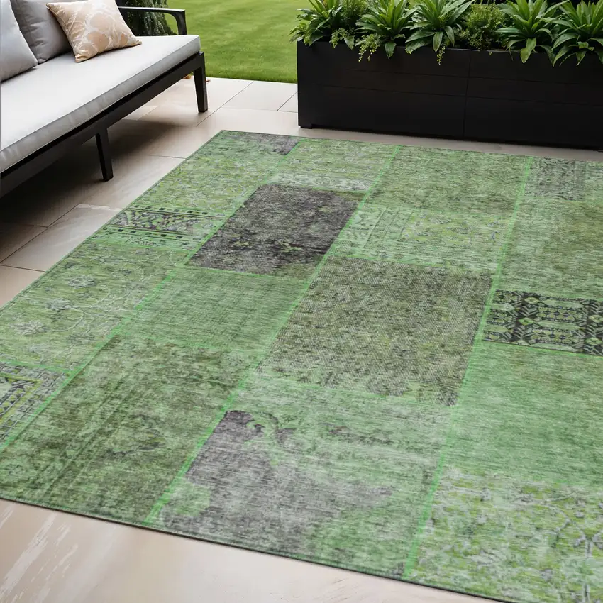 Green And Olive Green Patchwork Washable Indoor Outdoor Area Rug Photo 1