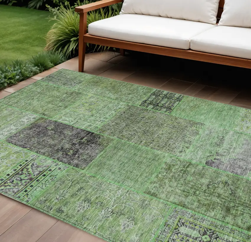 Green And Olive Green Patchwork Washable Indoor Outdoor Area Rug Photo 1