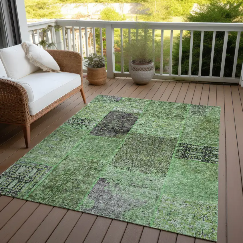 Green And Olive Green Patchwork Washable Indoor Outdoor Area Rug Photo 9