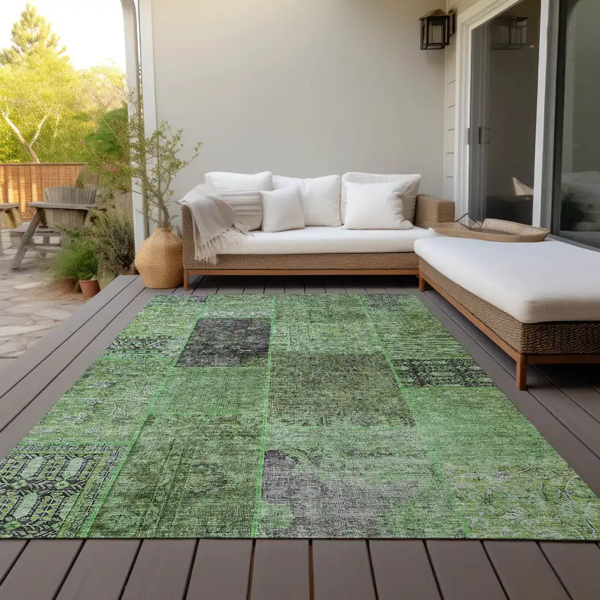 Green And Olive Green Patchwork Washable Indoor Outdoor Area Rug Photo 7
