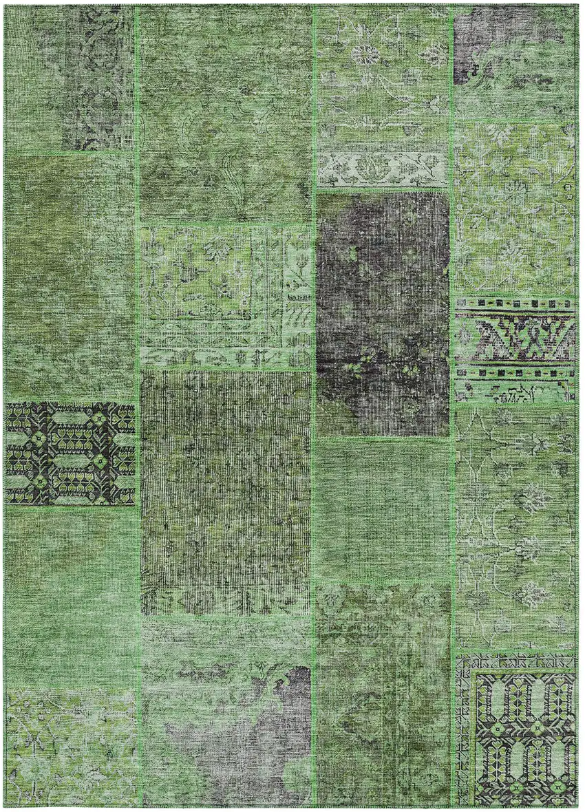 Green And Olive Green Patchwork Washable Indoor Outdoor Area Rug Photo 5
