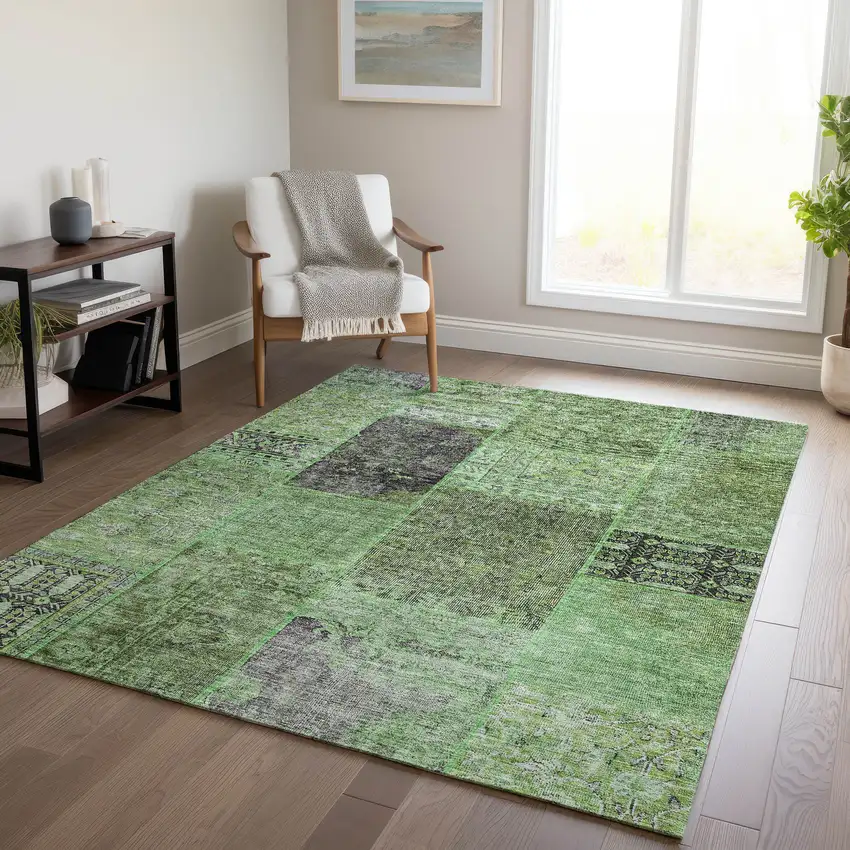 Green And Olive Green Patchwork Washable Indoor Outdoor Area Rug Photo 8