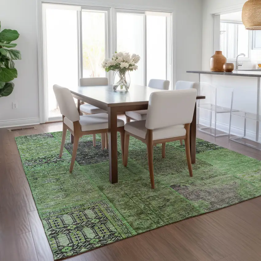 Green And Olive Green Patchwork Washable Indoor Outdoor Area Rug Photo 9