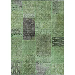Photo of Green And Olive Green Patchwork Washable Indoor Outdoor Area Rug