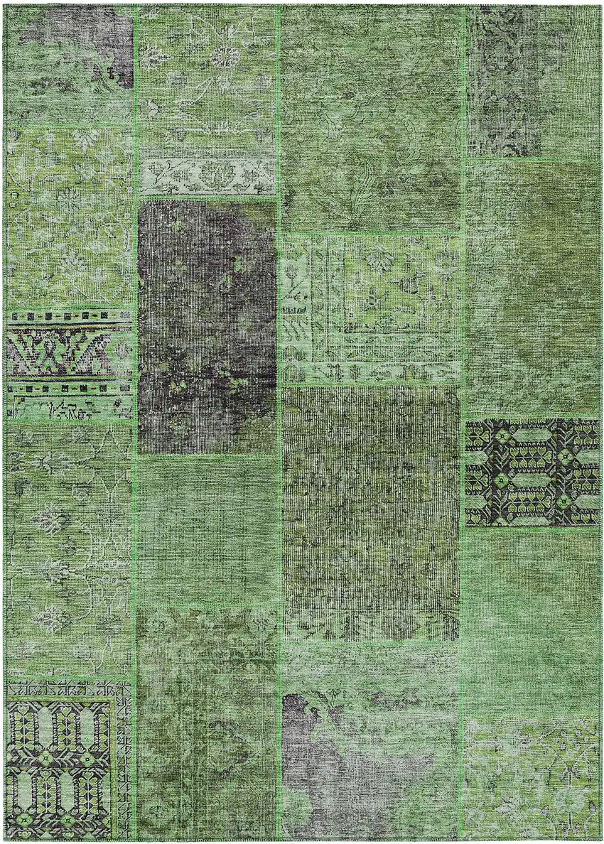 Green And Olive Green Patchwork Washable Indoor Outdoor Area Rug Photo 1