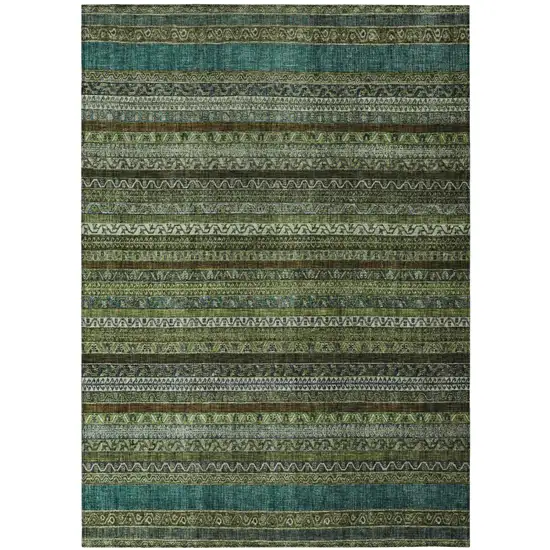 Green And Olive Green Striped Washable Indoor Outdoor Area Rug Photo 2