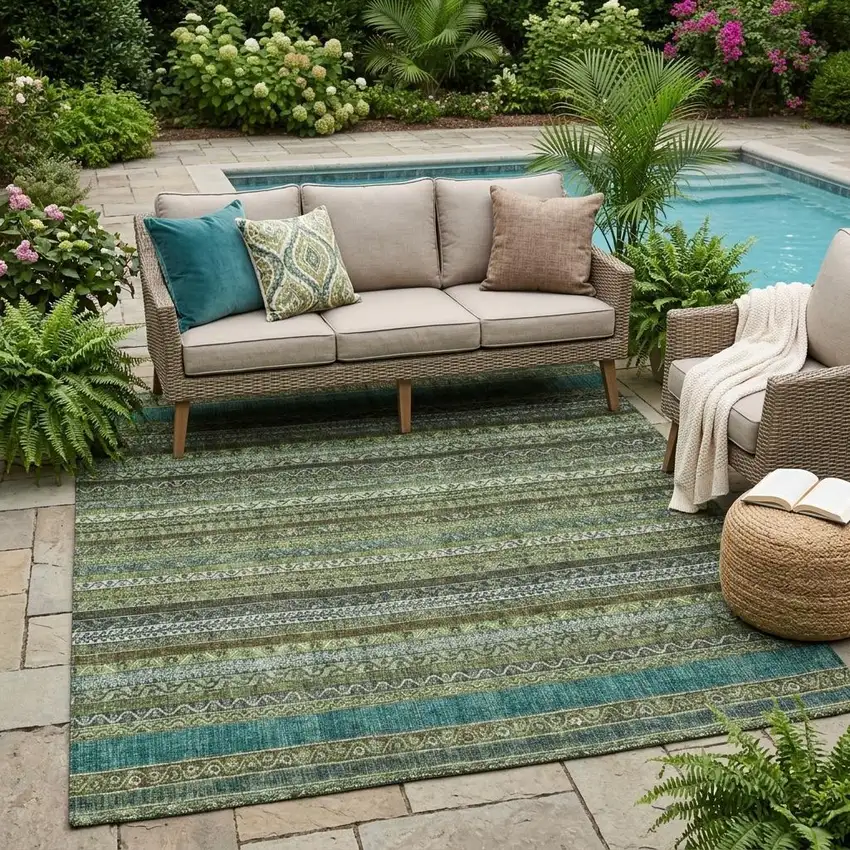 Green And Olive Green Striped Washable Indoor Outdoor Area Rug Photo 1