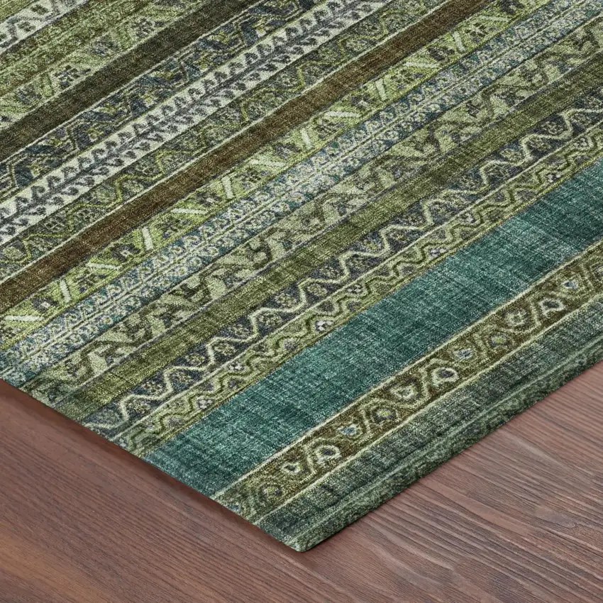Green And Olive Green Striped Washable Indoor Outdoor Area Rug Photo 5